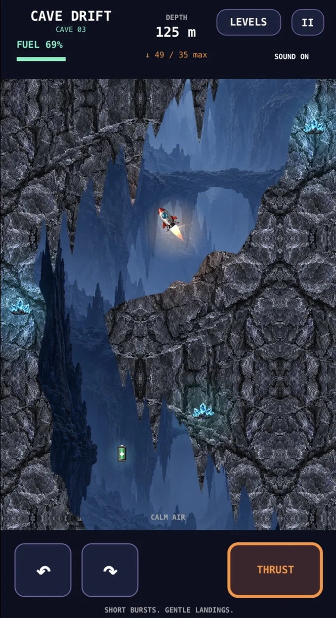 Cave Drift rocket firing its engine between narrow rocky ledges and glowing blue crystals