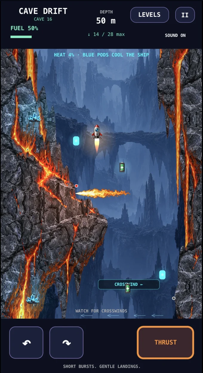 A rocket avoids a flame vent in a lava-lined cave